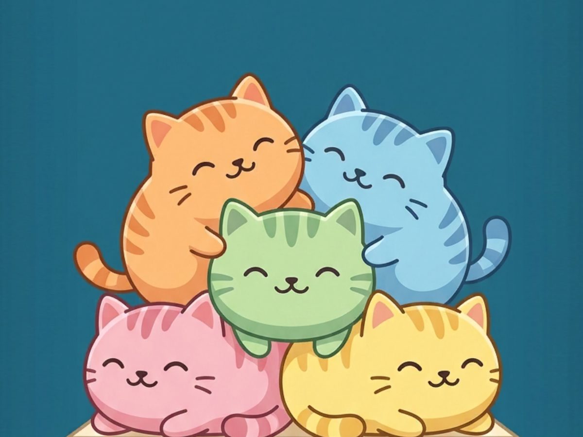 Chonk Out: five round cats stacked on a shelf